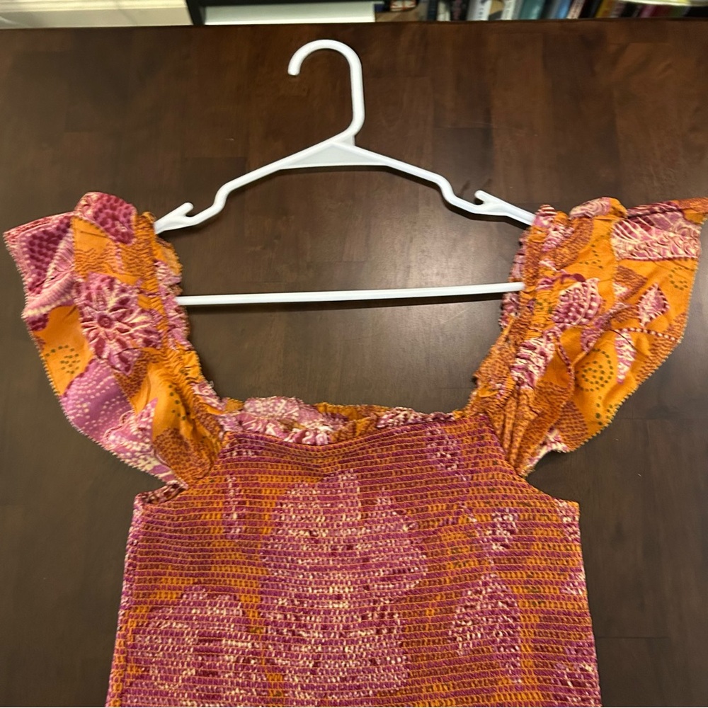 House of Harlow 1960 smocked off the shoulder boho orange pink print top Size S - Picture 5 of 13